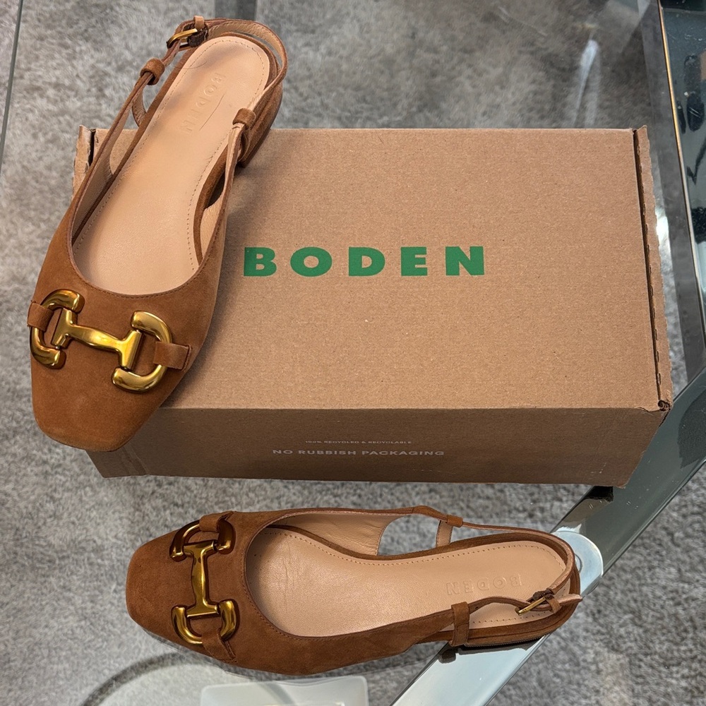 Boden “Iris Snaffle” Tan Slingback with Gold Horsebit Accent